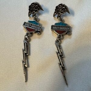 Vintage Licensed Harley-Davidson Silver Rose Turquoise/Coral Lightning Earrings